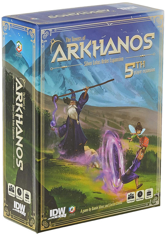 Box for The Towers of Arkhanos Silver Lotus Order Expansion board game showing a wizard and a fairy