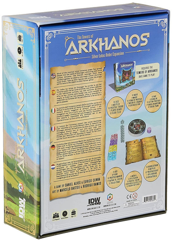 Back of The Towers of Arkhanos Silver Lotus Order Expansion board game box showcasing components and game description