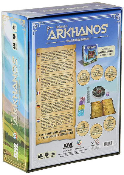 Back of The Towers of Arkhanos Silver Lotus Order Expansion board game box showcasing components and game description