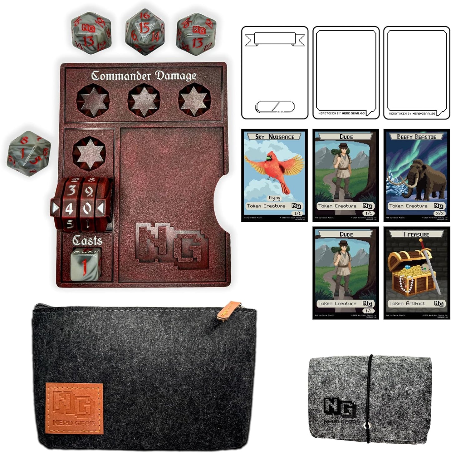 Nerd Gear gaming set: Chaos Red Commander damage tracker, pixel art tokens, dice, and gray felt pouches