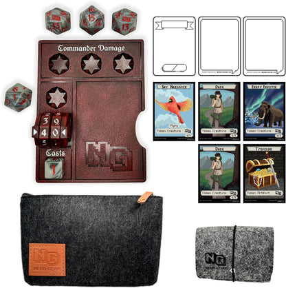 Nerd Gear gaming set: Chaos Red Commander damage tracker, pixel art tokens, dice, and gray felt pouches