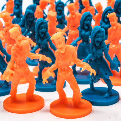 Crowd of orange and blue zombie figurines, some with open mouths and outstretched arms.