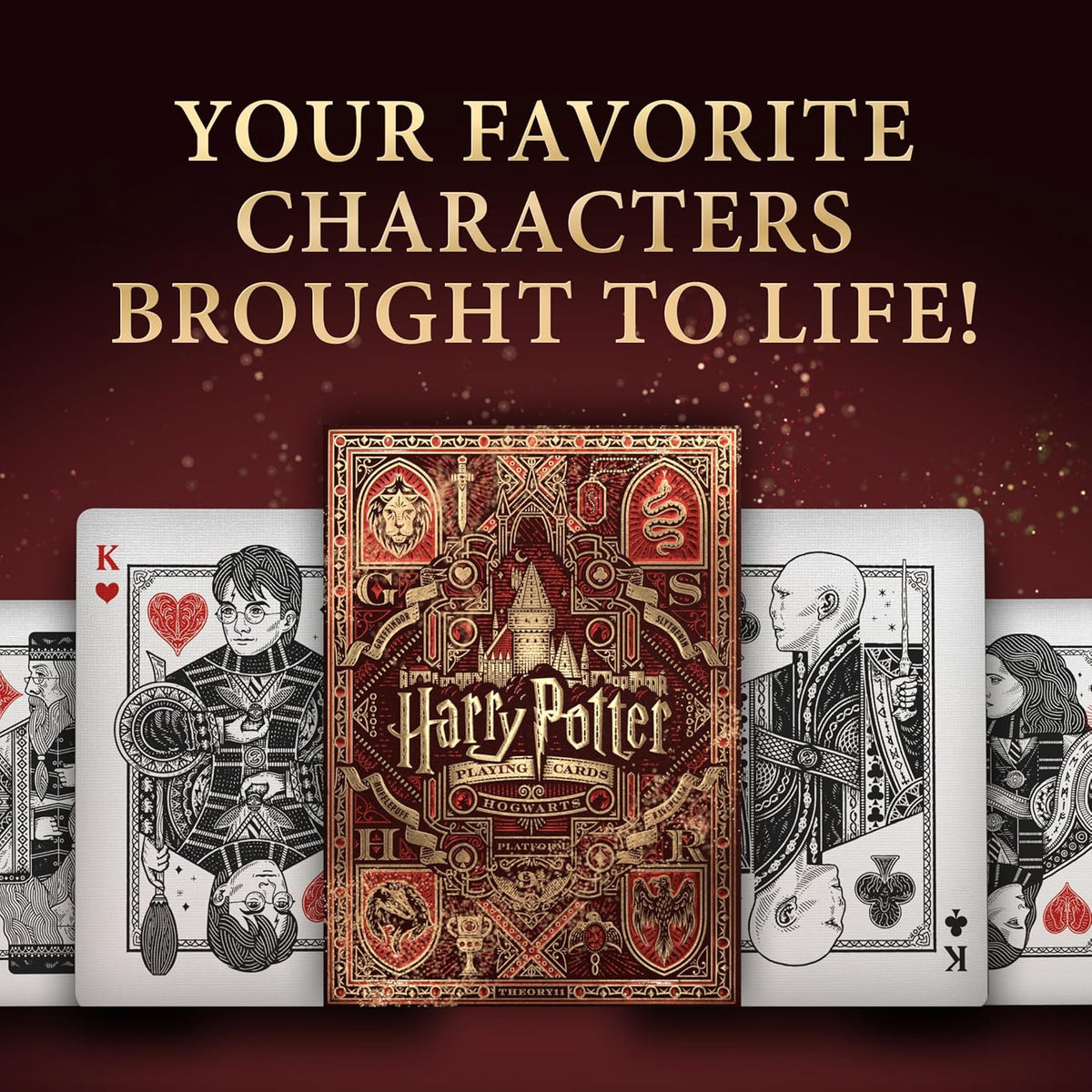 A red and gold Harry Potter playing card box is flanked by fanned character cards, including Harry Potter and Voldemort