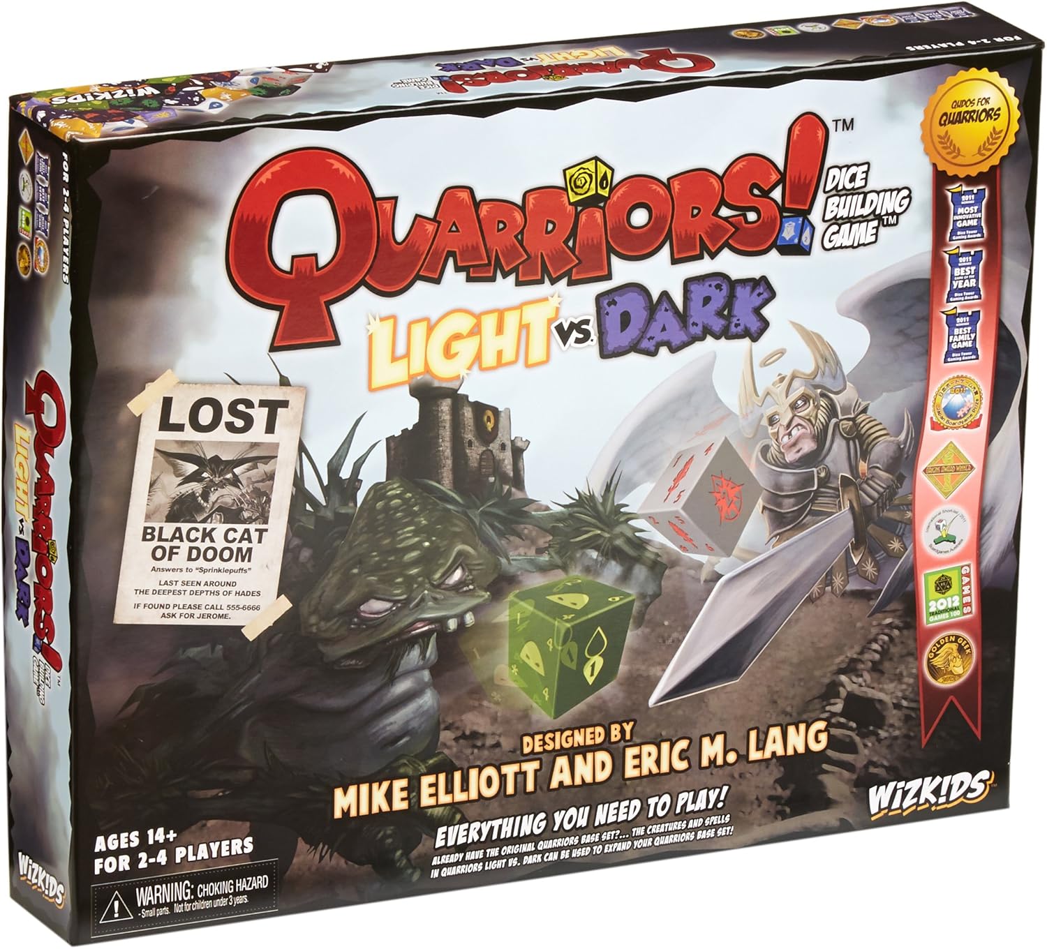 Box cover for the Quarriors! Light vs Dark dice building game, showing a winged warrior fighting a dark monster