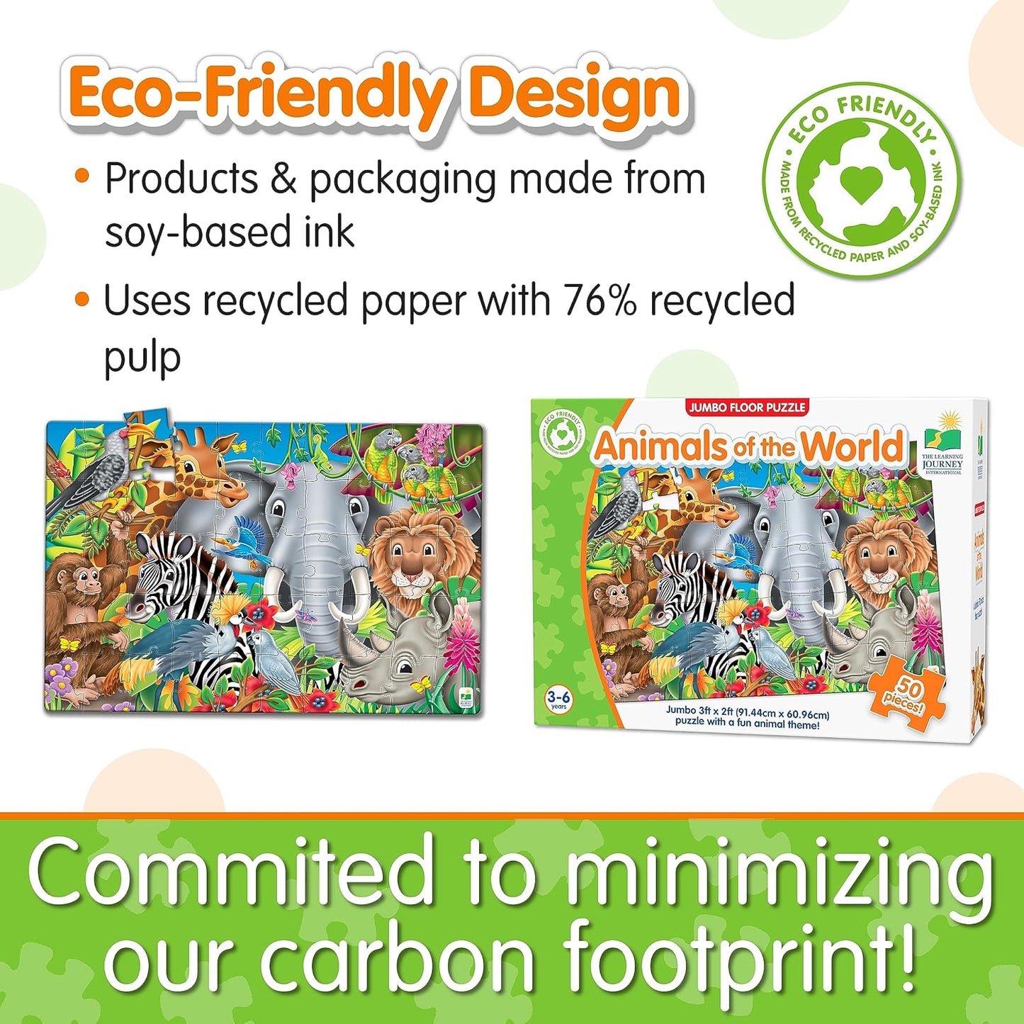 Eco-friendly "Animals of the World" jumbo floor puzzle, packaged using recycled paper and soy-based ink