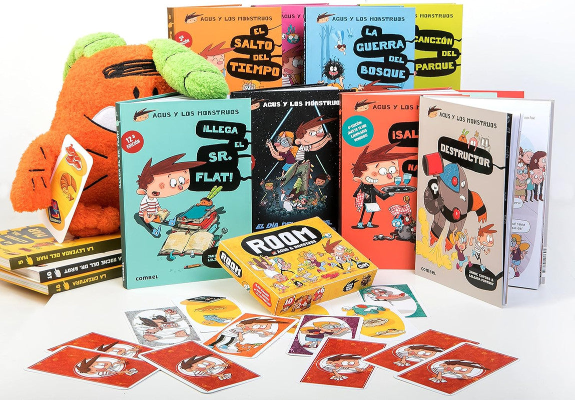 Stack of illustrated children's books with plush carrot character and card game