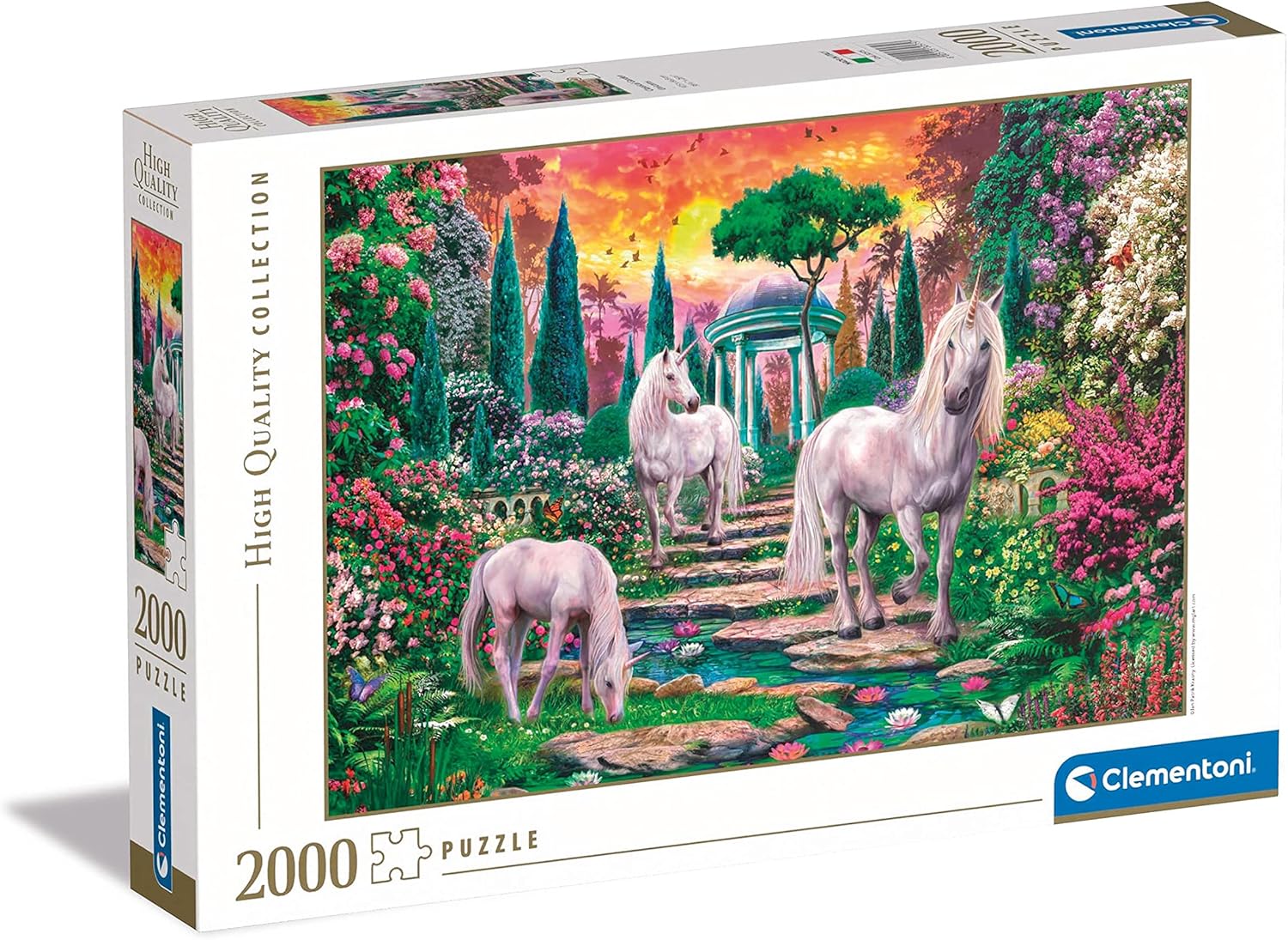 2000-piece puzzle box art: Three white unicorns in a lush, magical garden with colorful flowers and a sunset sky