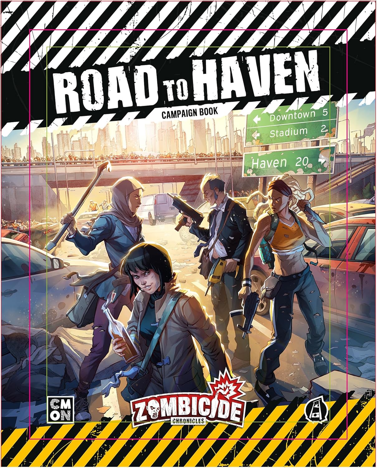 Zombicide Chronicles: Road to Haven cover. Four armed survivors navigate a post-apocalyptic city, heading to Haven
