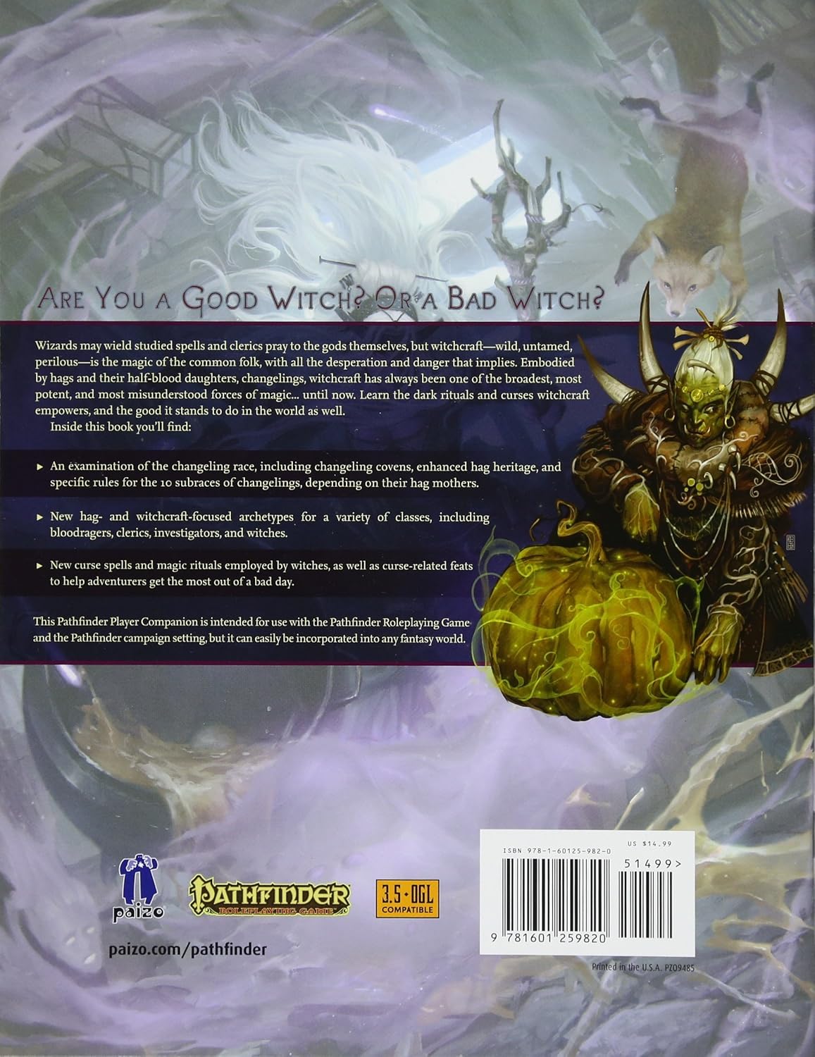 Back cover: A horned -  green-skinned witch stands beside a glowing pumpkin