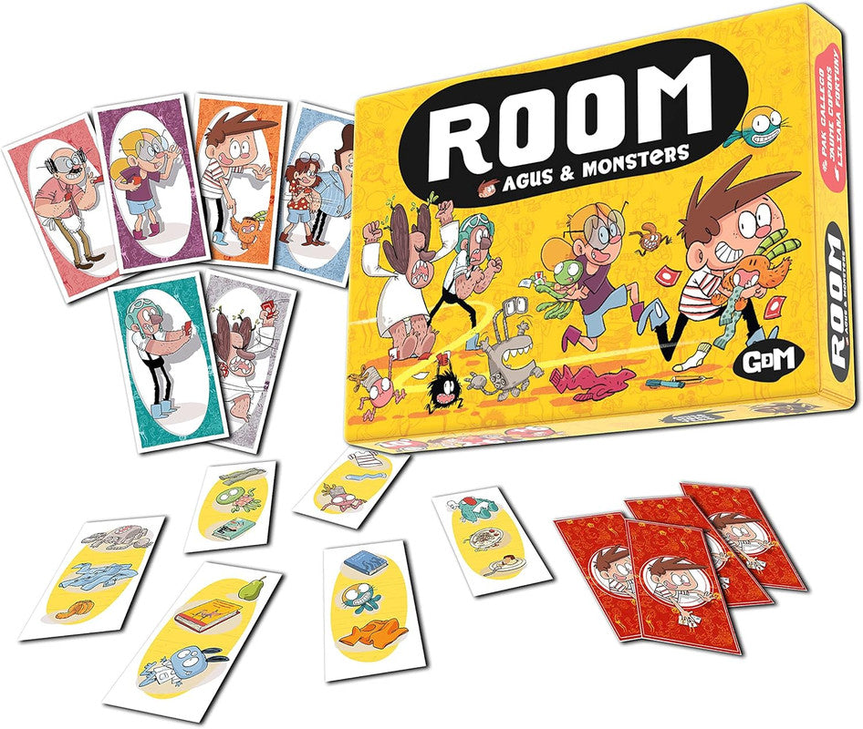 Agus Monsters Room board game with colorful cards and components spread out