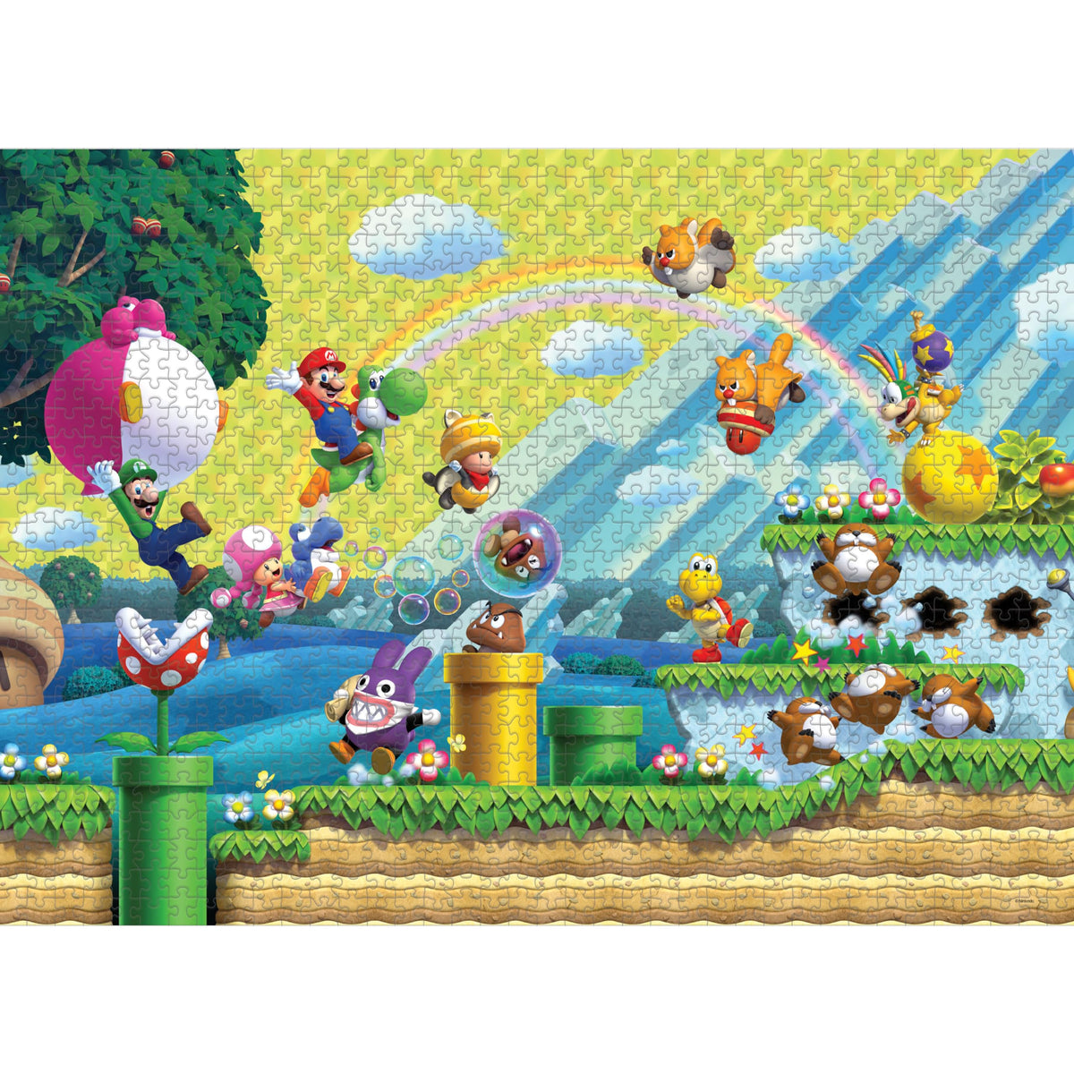 A vibrant Super Mario Bros. puzzle showing Mario and friends jumping, flying, and battling across a colorful level with a rainbow