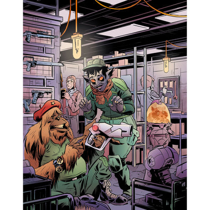 A furry, beret-wearing creature shows a futuristic device to a grey alien in a weapon-filled workshop. Other characters watch