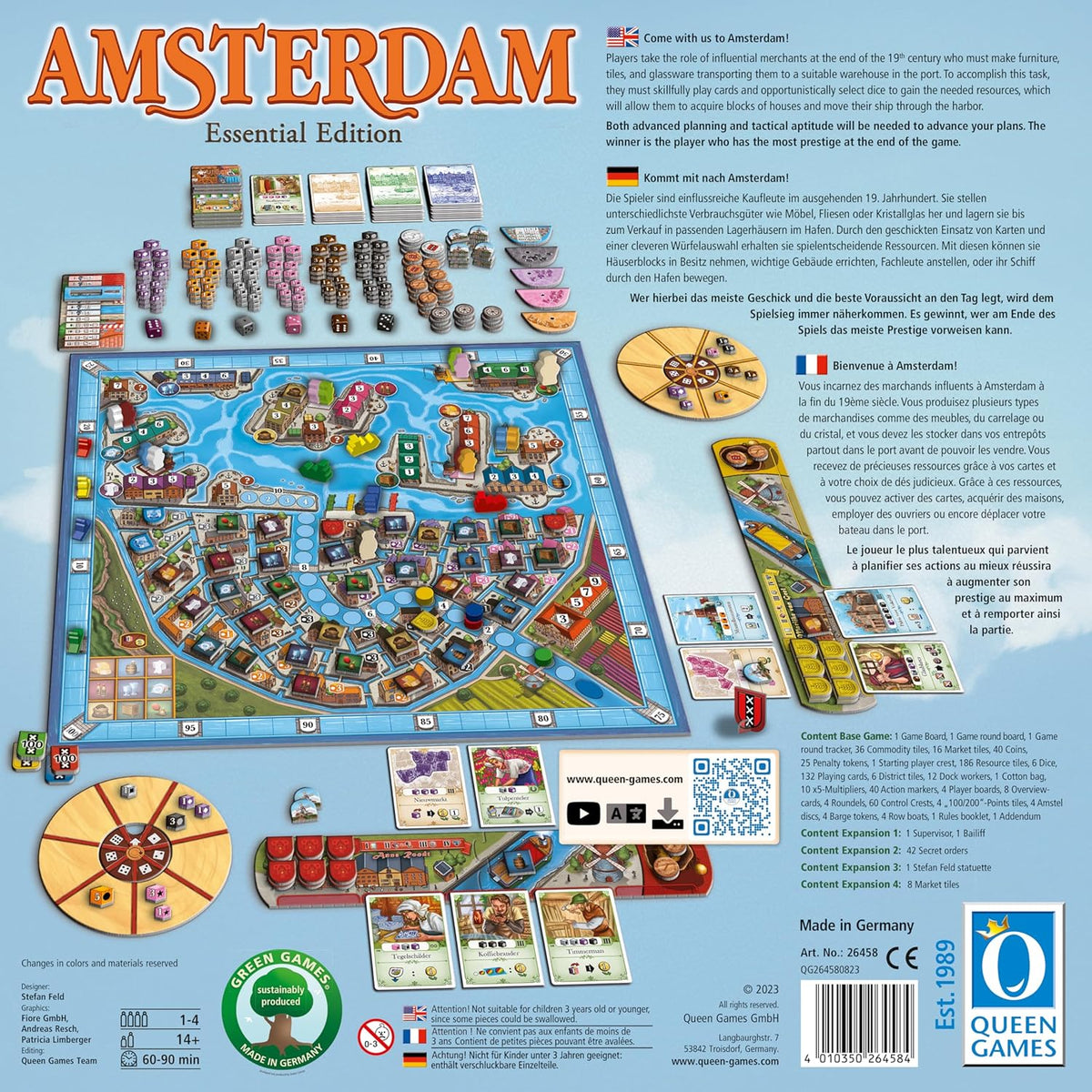 Game components for Amsterdam Essential Edition board, tokens, and cards shown