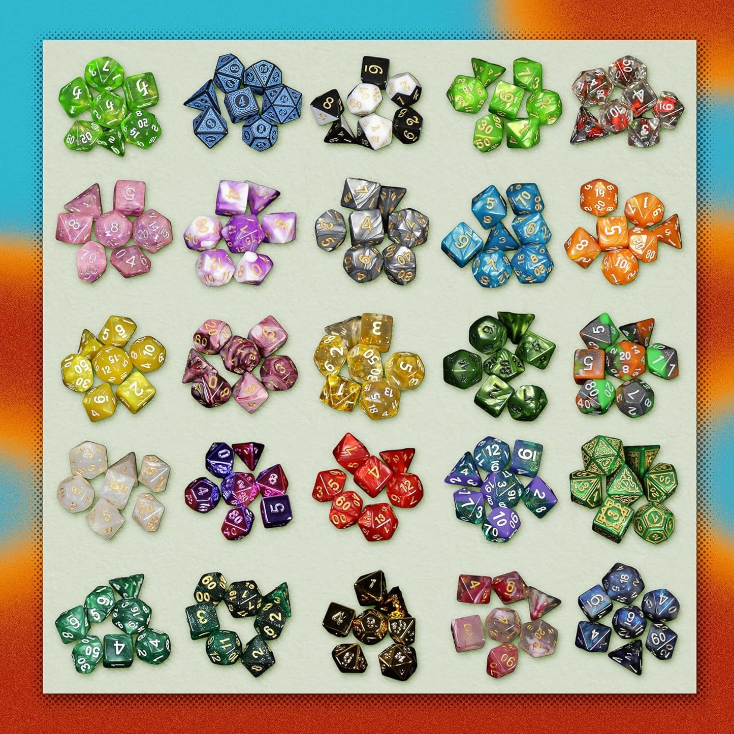 Twenty colorful sets of polyhedral tabletop RPG dice -  neatly arranged on a light green background
