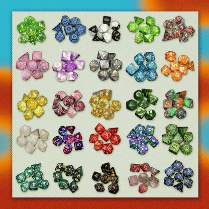 Twenty colorful sets of polyhedral tabletop RPG dice -  neatly arranged on a light green background