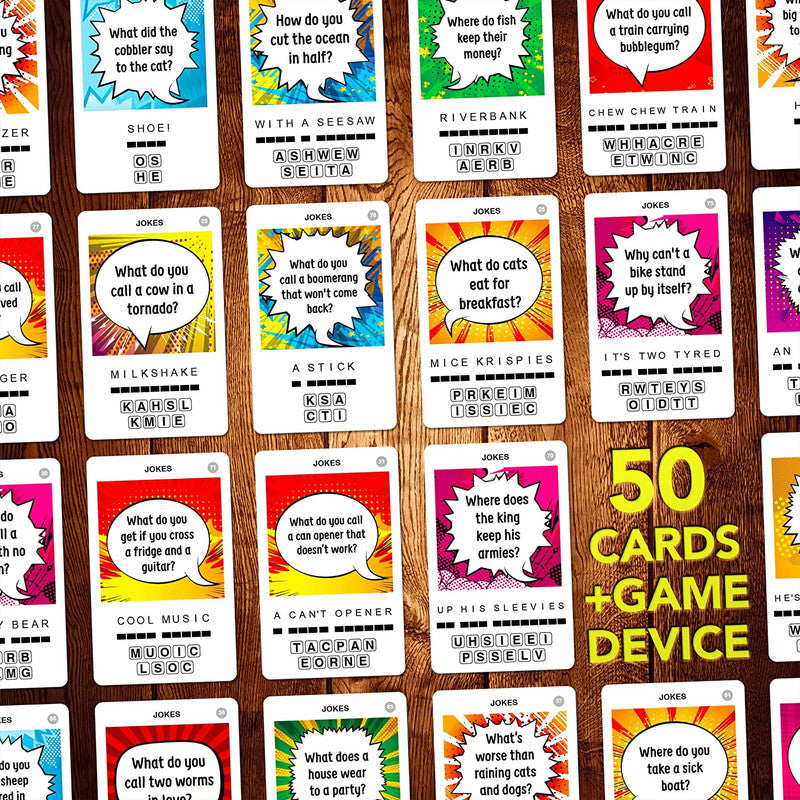 Colorful card game featuring jokes riddles and answers bundled with a game device