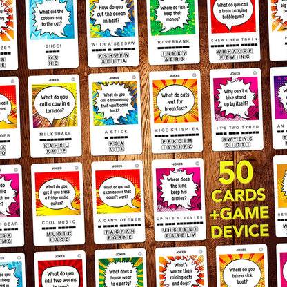 Colorful card game featuring jokes riddles and answers bundled with a game device