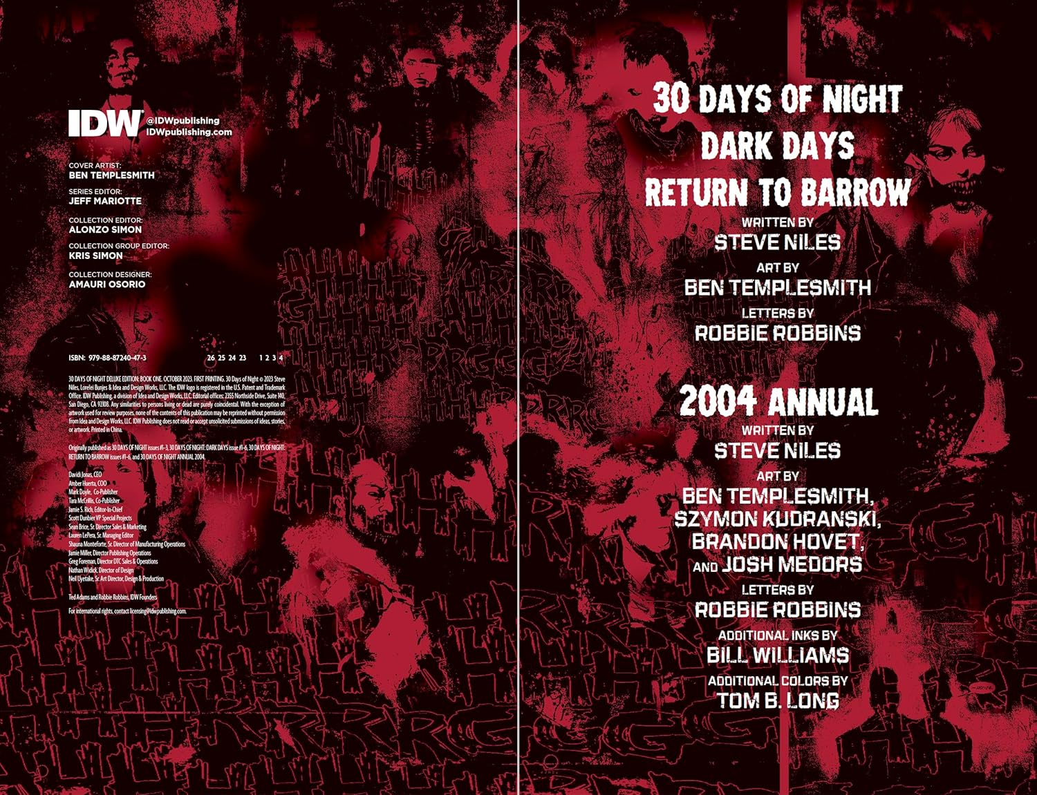 Dark red and black 30 Days of Night comic book spread with stylized horror art and full publication credits