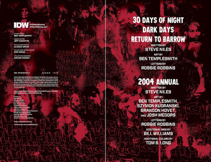 Dark red and black 30 Days of Night comic book spread with stylized horror art and full publication credits
