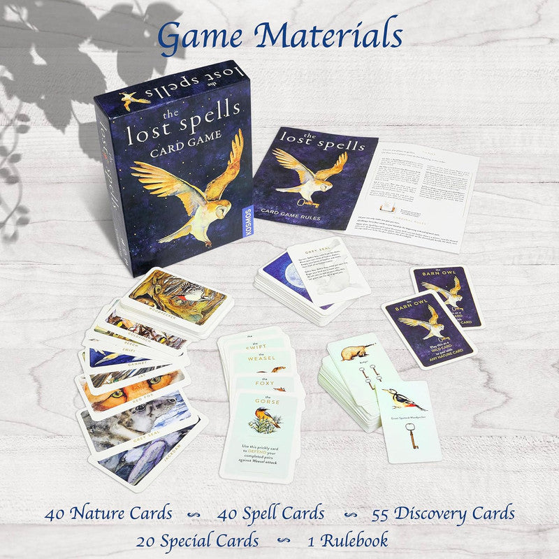 Character cards and tokens from The Lost Spells Card Game detailed illustrations