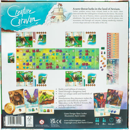 Back of the Creature Caravan board game box, showing modular game boards, creature cards, and game info