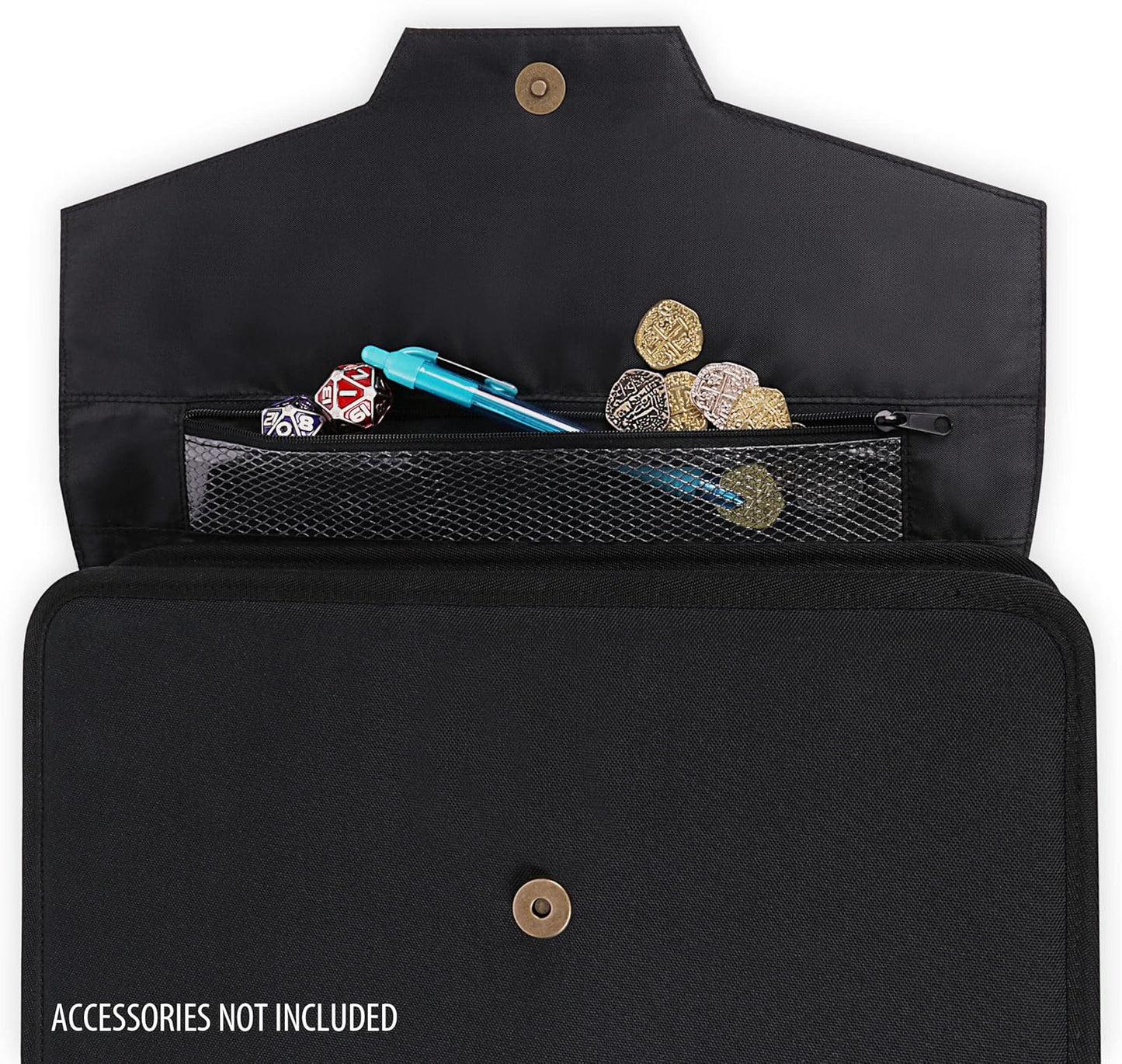An open black organizer reveals a mesh pocket filled with polyhedral dice, a blue pen, and gold coins