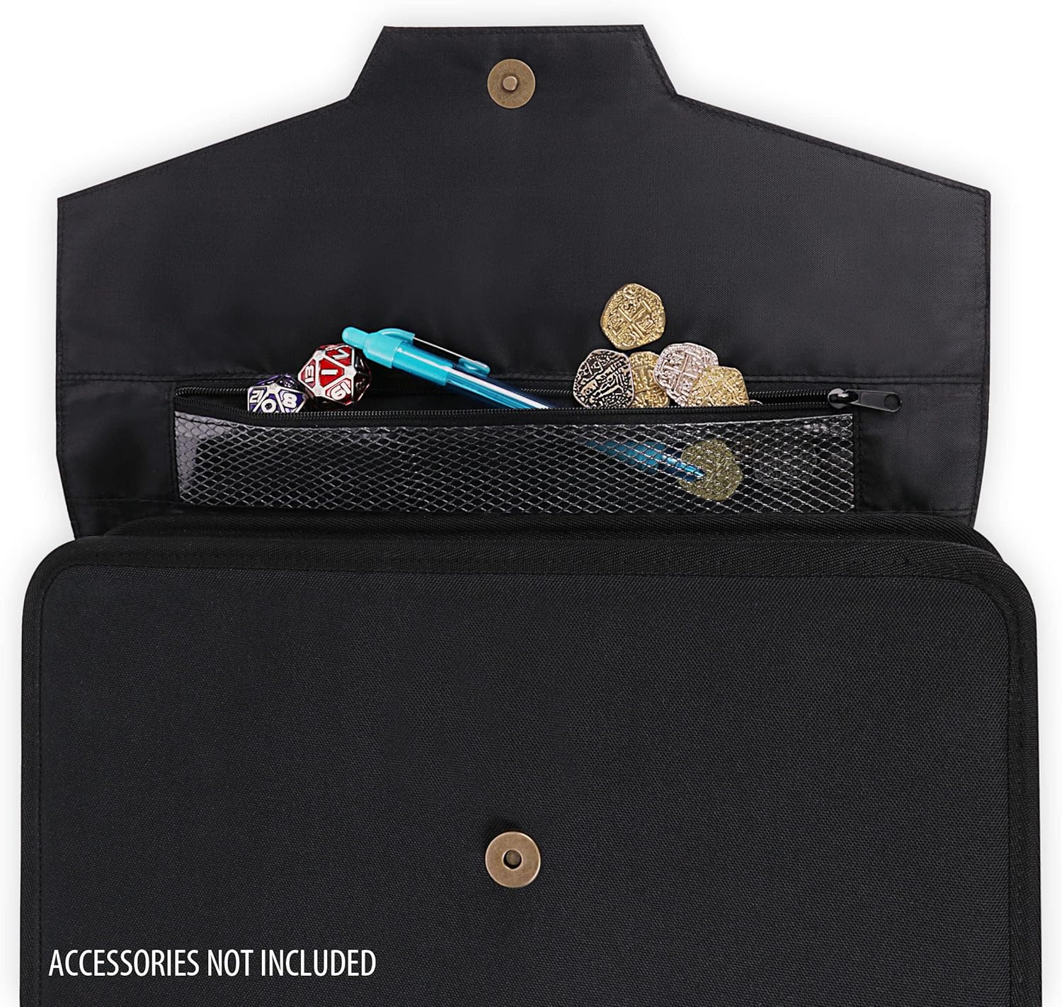 An open black organizer reveals a mesh pocket filled with polyhedral dice, a blue pen, and gold coins