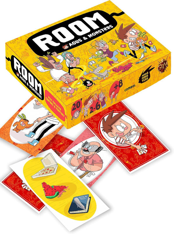 ROOM Agus Monsters card game in yellow box featuring illustrated characters and game cards scattered below
