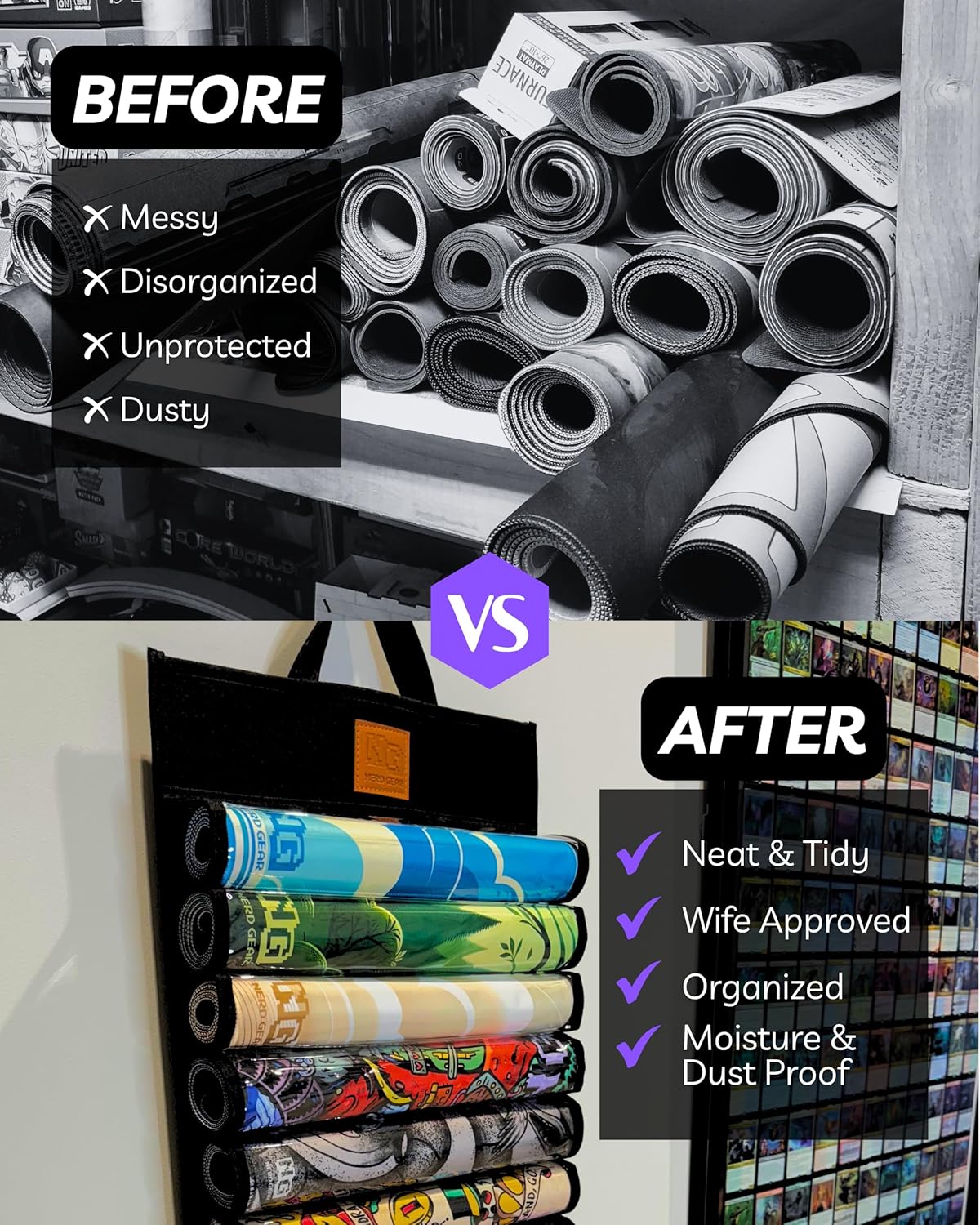 Before/After comparison of rolled playmats: Messy pile replaced by mats neatly organized in a vertical storage bag