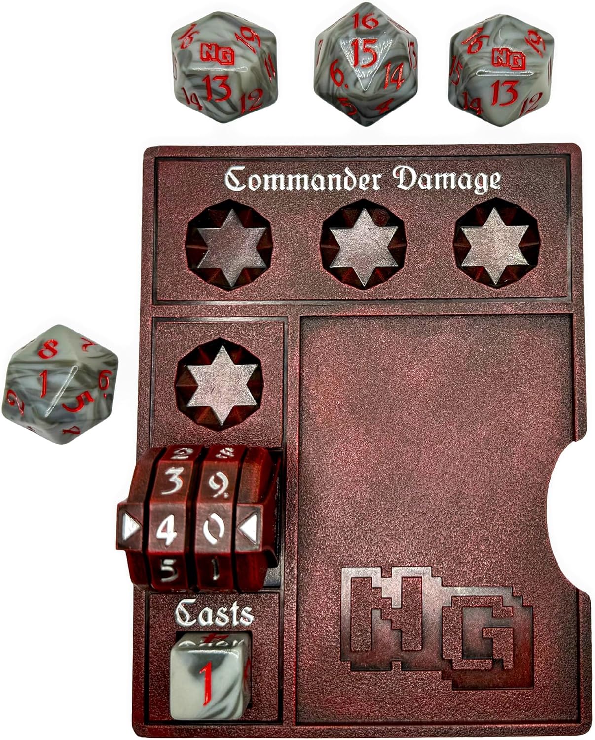 Chaos Red Commander Damage tracker board with a cast counter, dice slots, and four marbled gray D20 dice