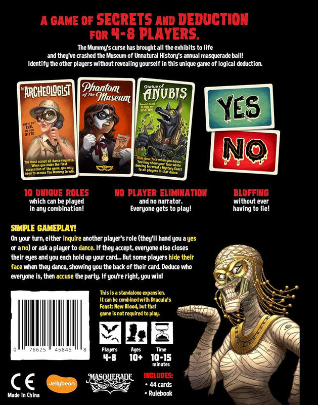 Back of "A Game of Secrets and Deduction" box. Displays character cards, Yes/No cards, and a masked mummy