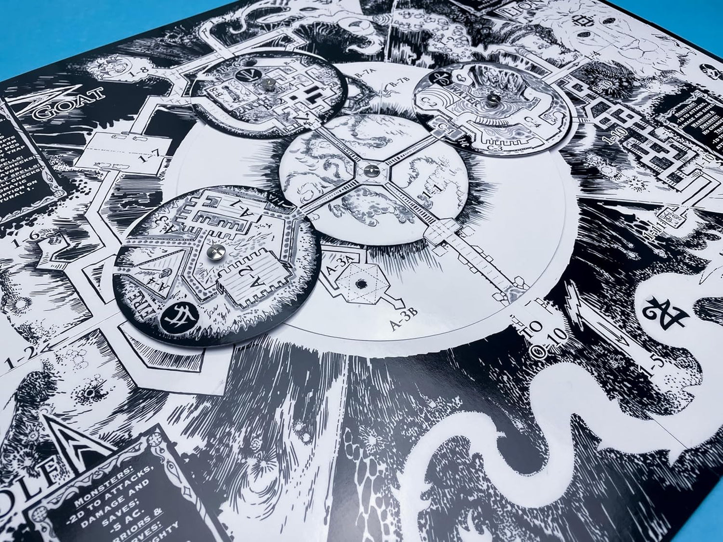 Detailed B&W fantasy RPG map with intricate details. Circular game pieces show dungeon layouts, layered and pinned for rotation.