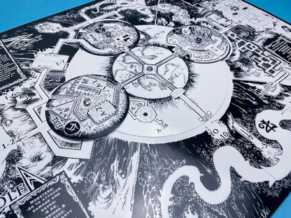 Detailed B&W fantasy RPG map with intricate details. Circular game pieces show dungeon layouts, layered and pinned for rotation.