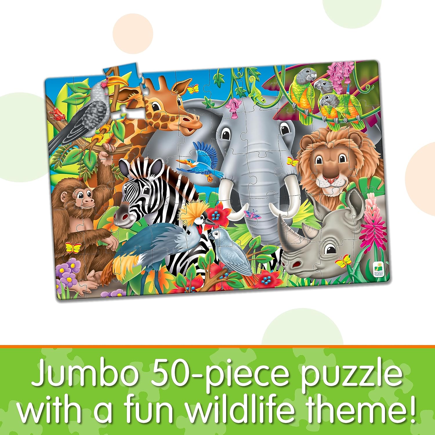 Jumbo 50-piece jigsaw puzzle displaying a colorful illustration of cartoon safari animals: elephant, giraffe, lion, and zebra