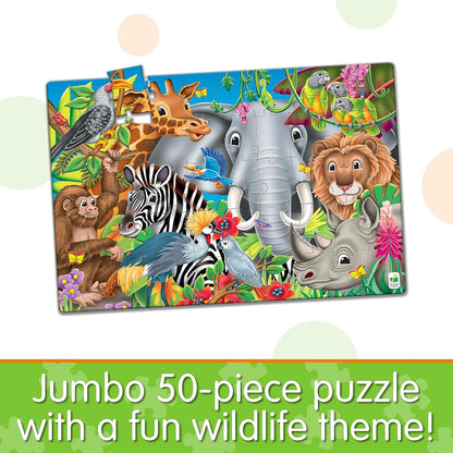 Jumbo 50-piece jigsaw puzzle displaying a colorful illustration of cartoon safari animals: elephant, giraffe, lion, and zebra