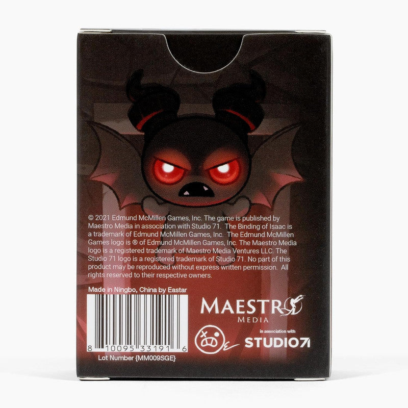 Back of The Binding of Isaac game box showing a dark creature with glowing red eyes, horns, and bat wings, barcode &amp; game info below