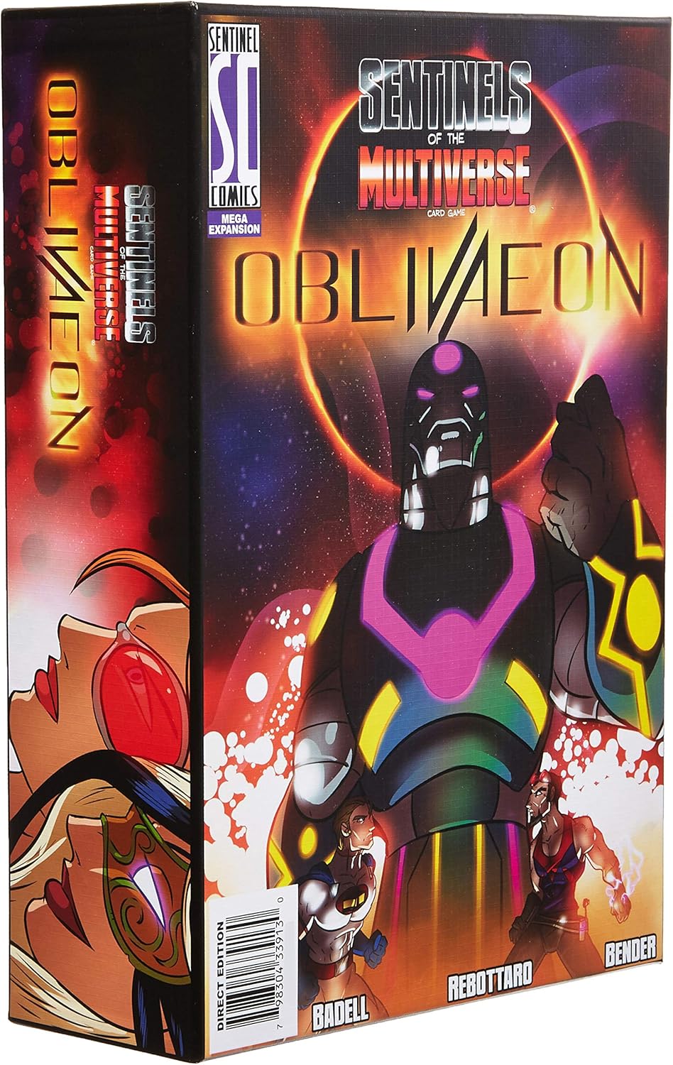Sentinels of the Multiverse: OblivAeon board game box, with a large, dark armored villain