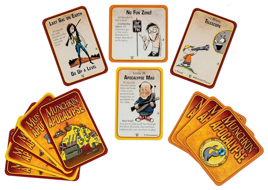 Munchkin Apocalypse game cards with humorous illustrations of characters and items, some face up, others stacked, on white