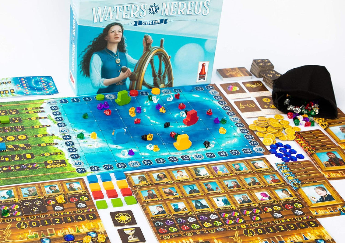 The "Waters of Nereus" board game spread out: box, ocean board, character cards, coins, and colourful gems from a bag