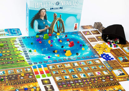 The "Waters of Nereus" board game spread out: box, ocean board, character cards, coins, and colourful gems from a bag