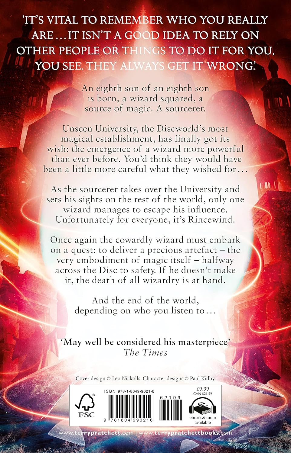 Back cover of a Discworld fantasy novel with a fiery red glow behind dark silhouettes of magical towers