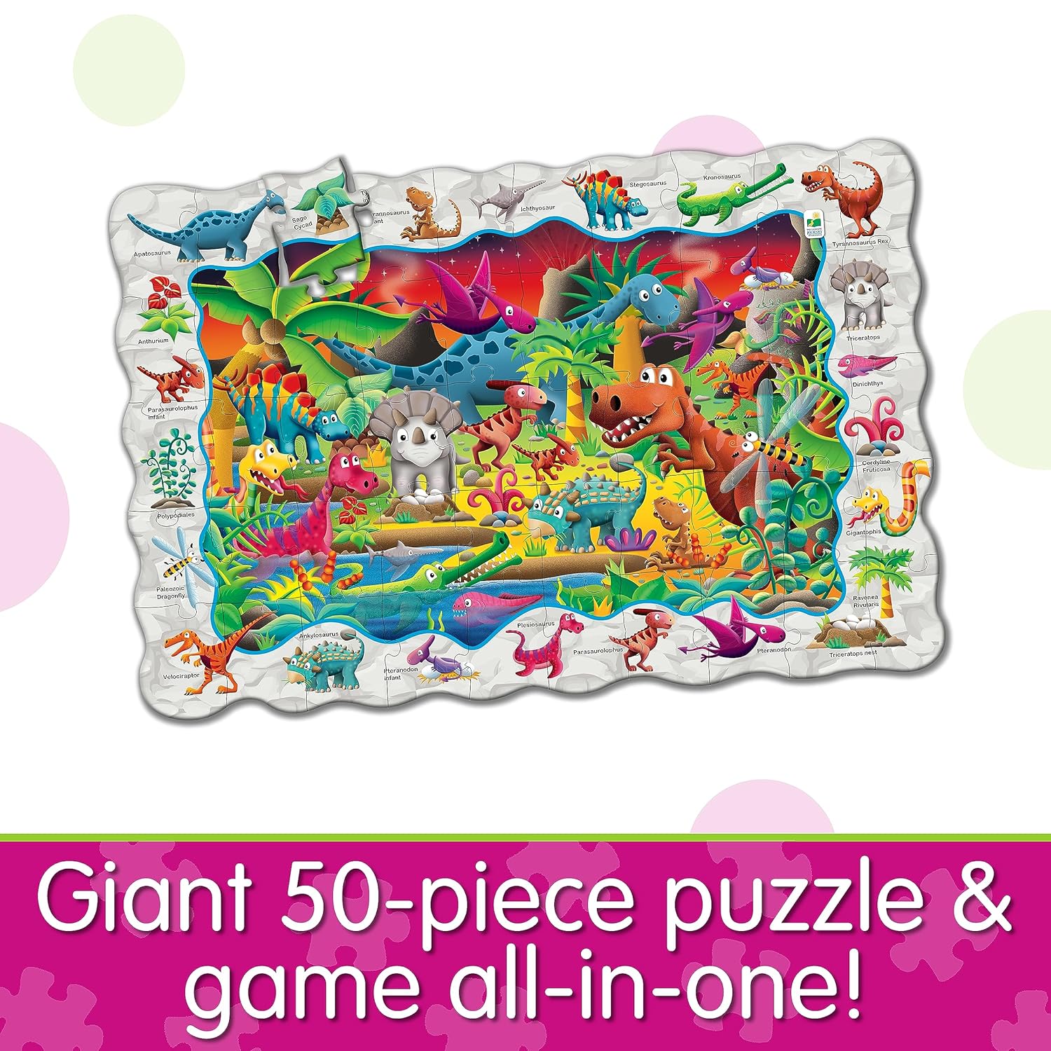 Giant 50-piece puzzle depicting a colorful prehistoric scene with many labeled cartoon dinosaurs