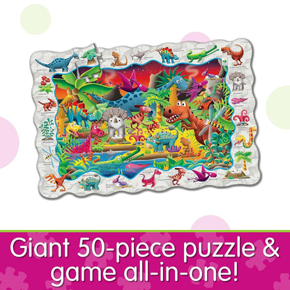 Giant 50-piece puzzle depicting a colorful prehistoric scene with many labeled cartoon dinosaurs