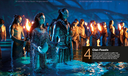 Pregnant Na'vi woman and man stand in bioluminescent water -  surrounded by others holding torches at a night ritual