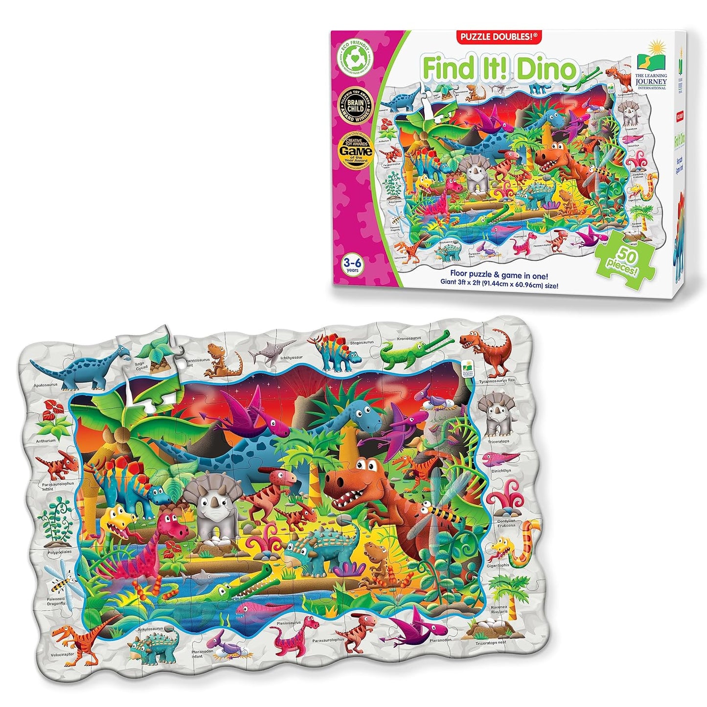 Boxed "Find It! Dino" 50-piece floor puzzle showing colorful cartoon dinosaurs in a prehistoric jungle landscape