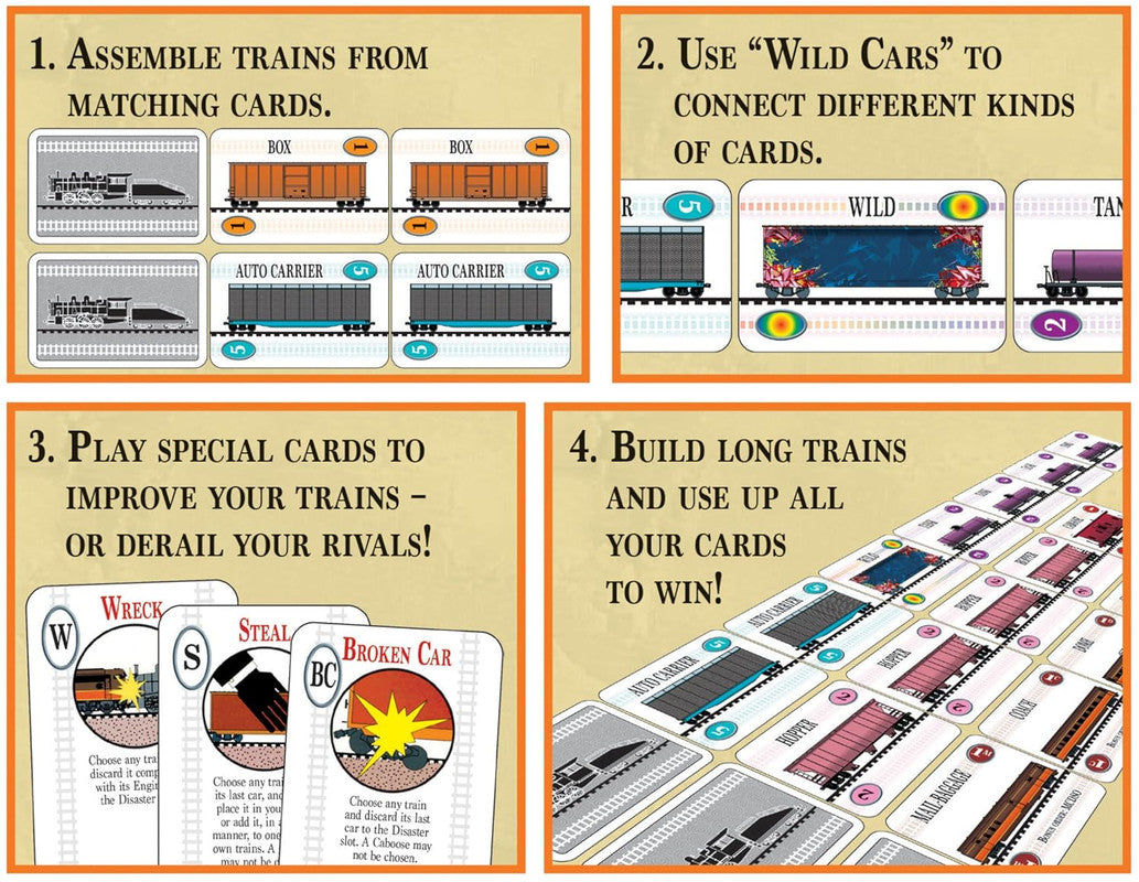 Steve Jackson Games Express Railroad Card Game showing gameplay elements like assembling trains using wild cards playing special cards to improve or derail trains and building long trains to win
