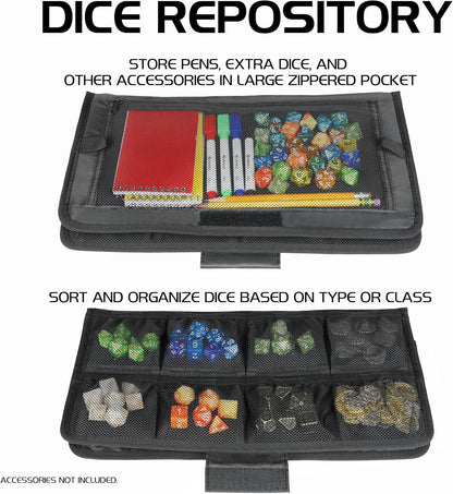 A black dice organizer- top: large pocket with pens, notebooks, dice and bottom: multiple mesh pockets with sorted colorful dice