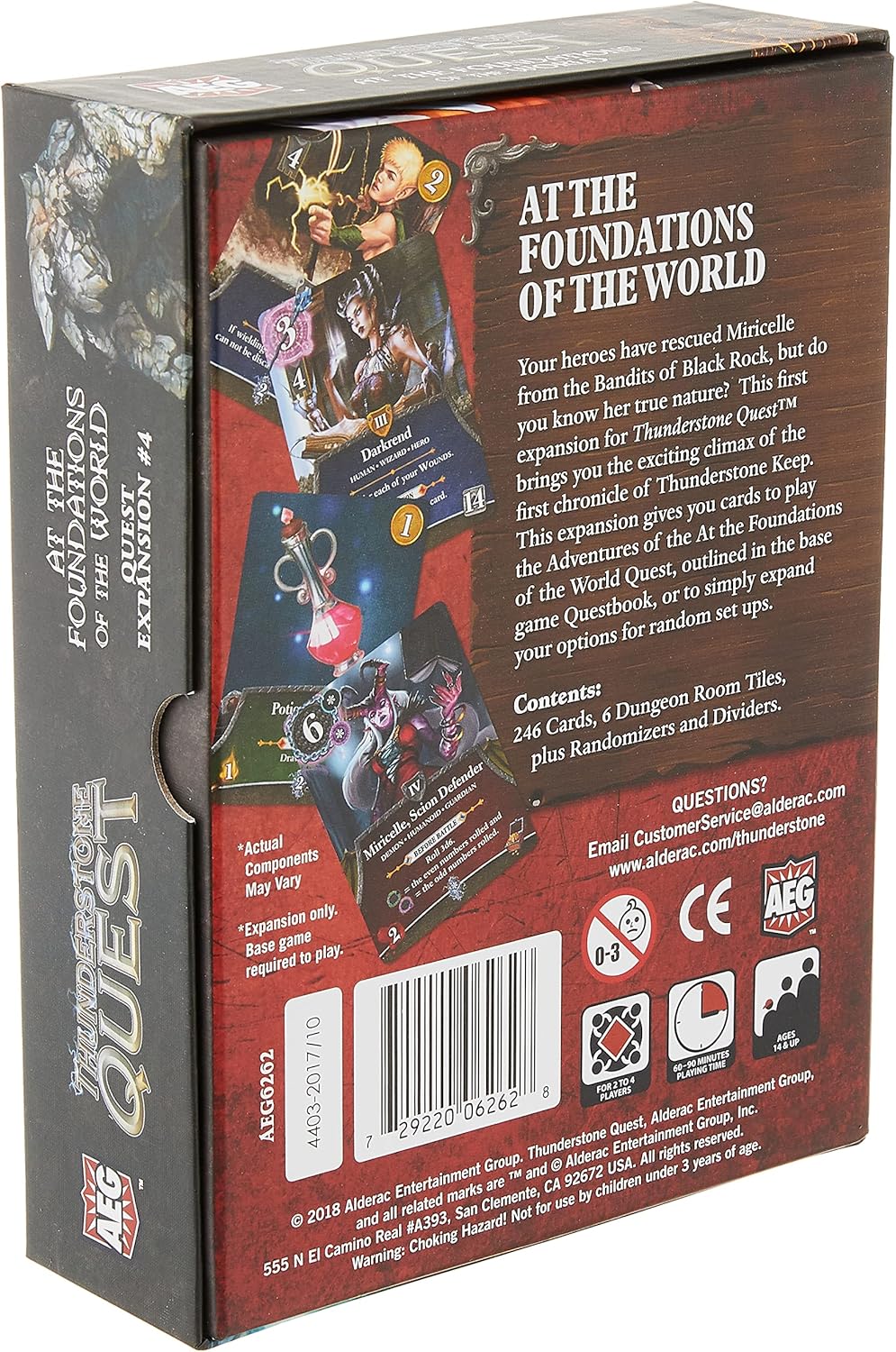 Thunderstone Quest: At the Foundations of the World expansion box, displaying fantasy character card art and game details