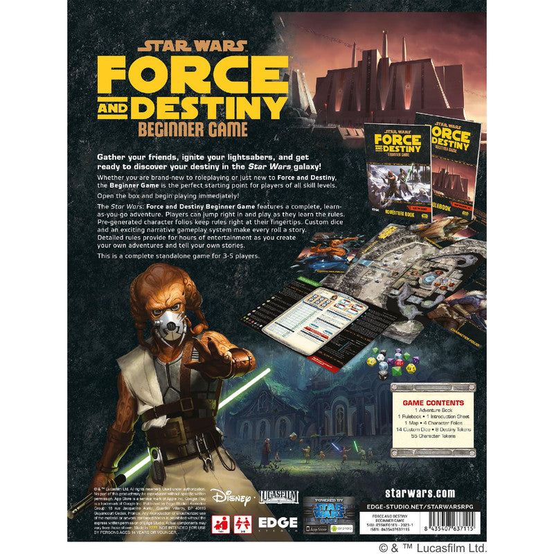 Back of cover Star Wars: Force and Destiny RPG ad: Alien Jedi holds a green saber near game components and a distant sci-fi citadel
