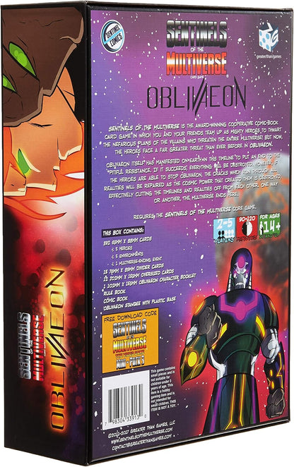 Back of the Sentinels of the Multiverse: Oblivaeon board game box, showing the armored character Oblivaeon